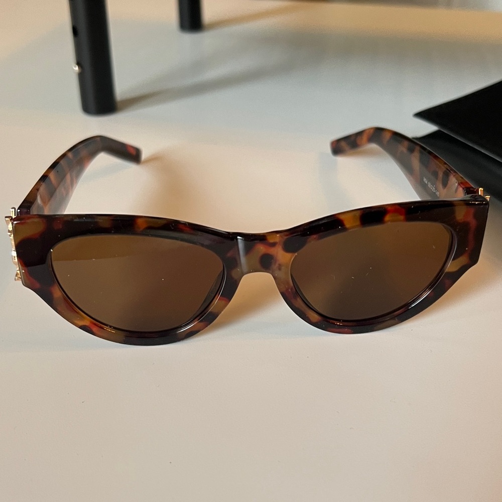 Saint Laurent Tortoiseshell Rectangular Sunglasses with Gold Accent - Picture 8 of 9